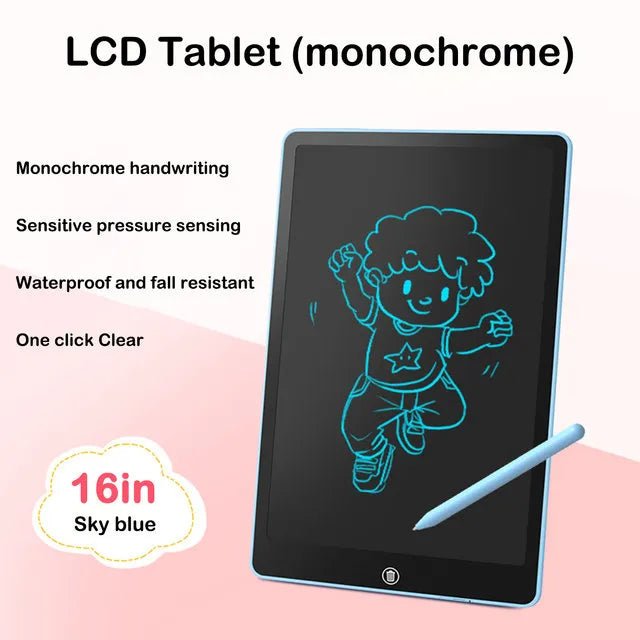 16-inch sky blue LCD tablet with a child drawing on it.