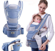 Ergonomic baby carrier worn from multiple angles for secure infant support during walks and household tasks.