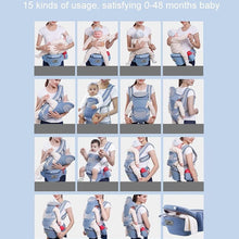 Ergonomic hipseat baby carrier shown in multiple carrying modes for front facing outings and infant support.