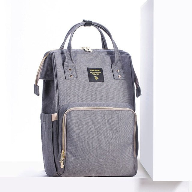 Gray backpack with a brand label