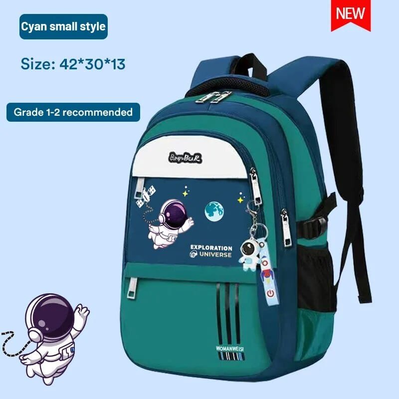 Children's backpack with space-themed design.