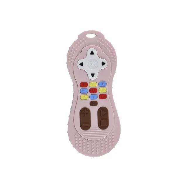 Ergonomic pink remote baby teether with an easy-grip shape for teething relief and hand coordination.