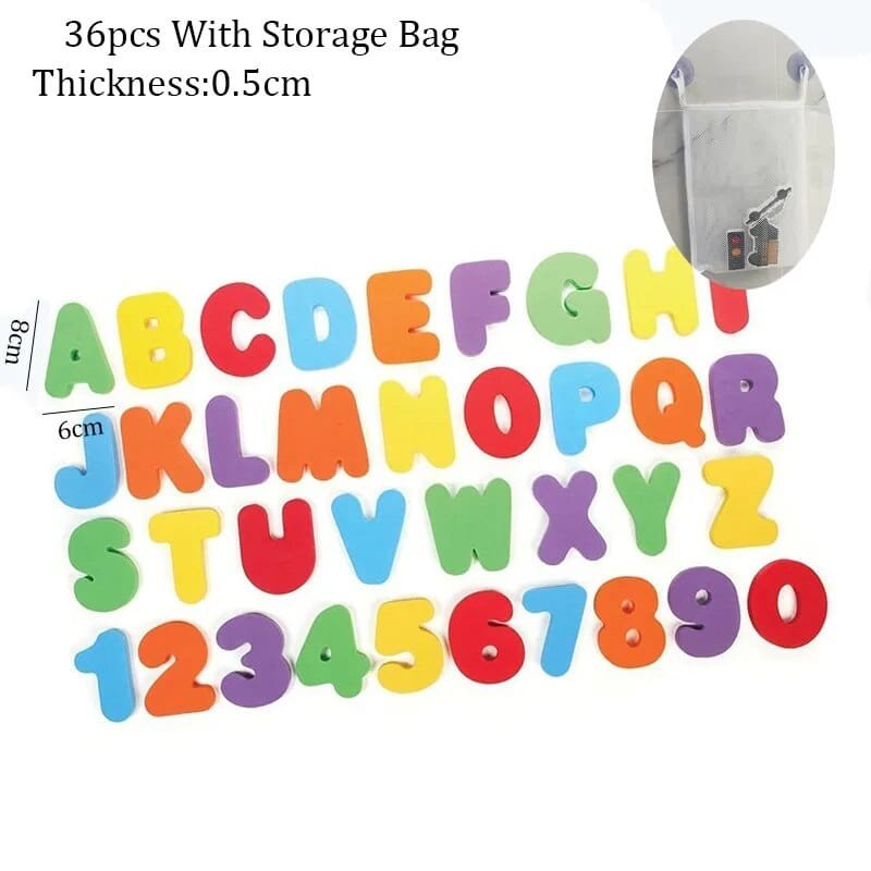 EVA alphabet and number bath set with mesh bag for tidy storage between learning-focused bath sessions.
