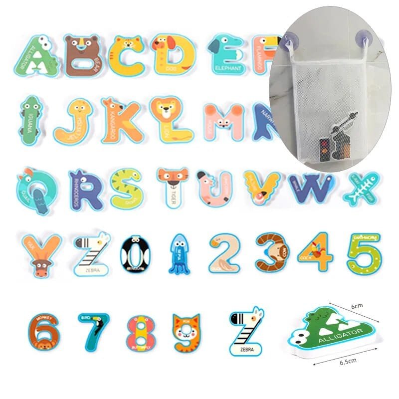 EVA alphabet and number bath toys with animal designs for teaching letters and counting during bath time.