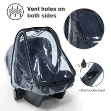 Transparent EVA Baby Safety Seat Rain Cover with side vents and buckle fixings for breathable and secure rainy day protection.