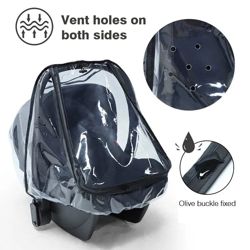 Transparent EVA Baby Safety Seat Rain Cover with side vents and buckle fixings for breathable and secure rainy day protection.