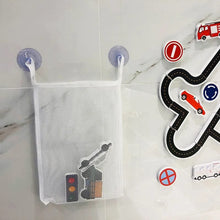 Colourful EVA bath vehicles with a suction storage bag for organised bathroom play and easy tidying up.