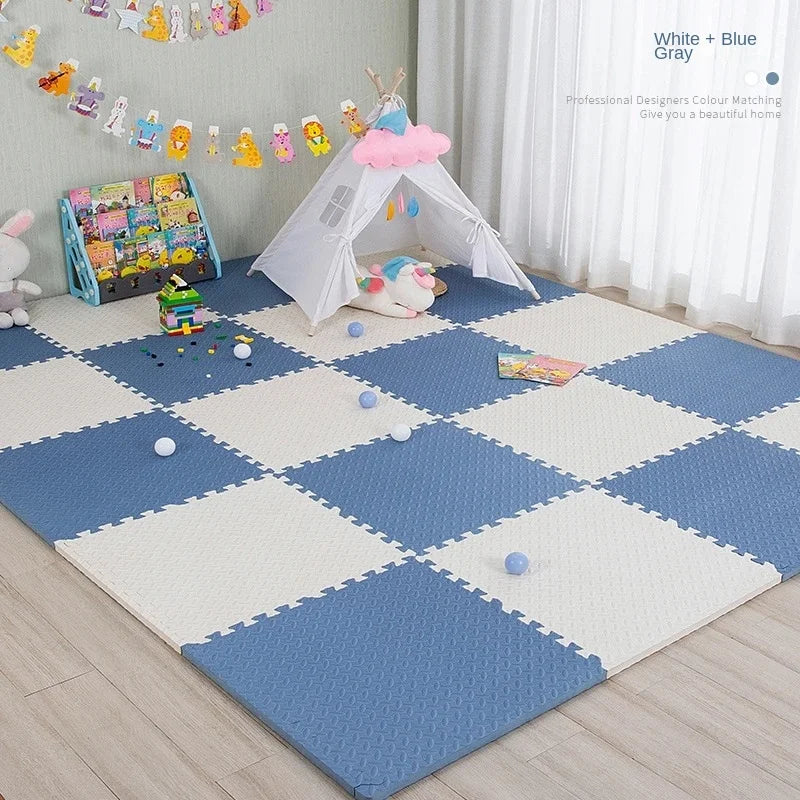 Playroom with blue and white foam mats, toys, and a small tent.