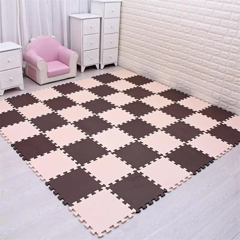 Checkered foam mat on a floor with white walls and furniture.