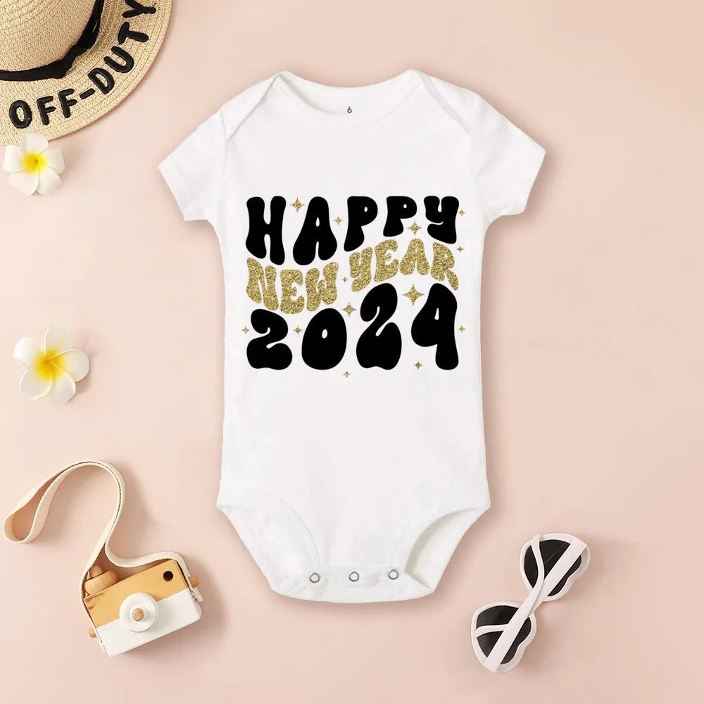 White baby onesie with 'Happy New Year 2024' text 