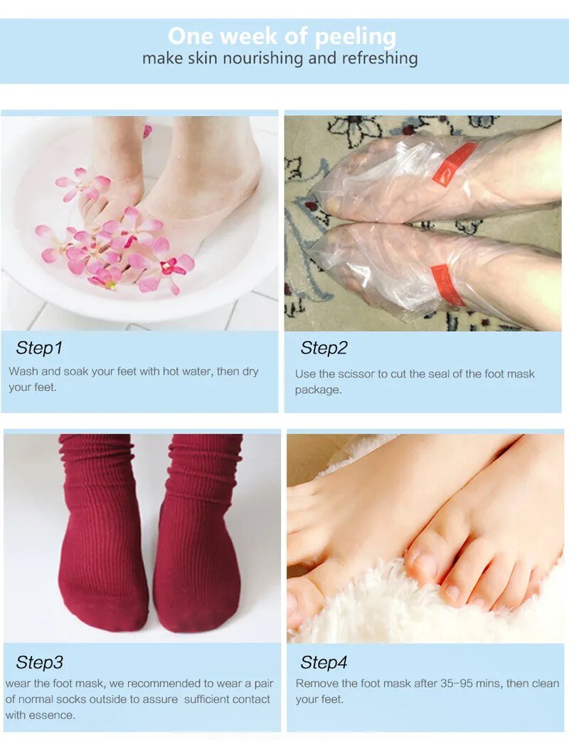 Exfoliating Foot Mask step-by-step usage guide for applying peeling socks and moisturising feet in one session.