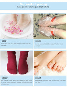 Exfoliating Foot Mask step-by-step usage guide for applying peeling socks and moisturising feet in one session.