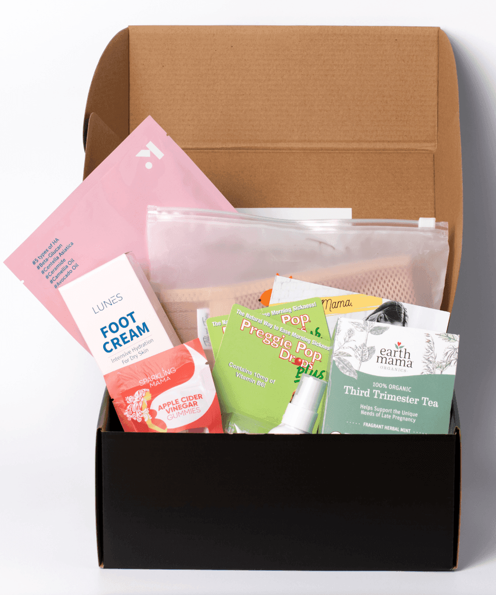 Pregnancy Box filled with skincare and wellness products for expecting mothers, prenatal routines, and thoughtful gifting.