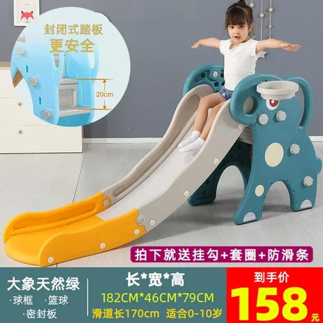 Children's slide with a child on it, featuring text and measurements.