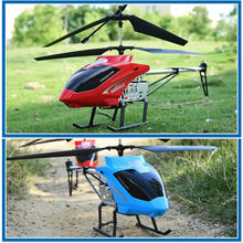 Two toy helicopters, one red and one blue, on grass and dirt backgrounds.