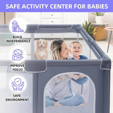 Grey playpen with a mother, child and dog inside and icons labeled build independence, improve focus and safe environment