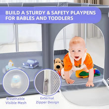 Baby crawling toward the open zip door of a grey playpen with breathable mesh and zipper close-ups