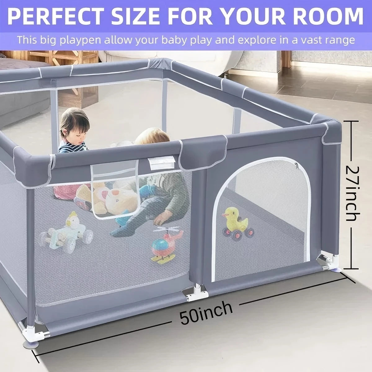 Grey playpen with size marks of 50 inches wide and 27 inches high and two toddlers with toys inside