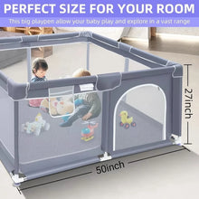 Grey playpen with size marks of 50 inches wide and 27 inches high and two toddlers with toys inside