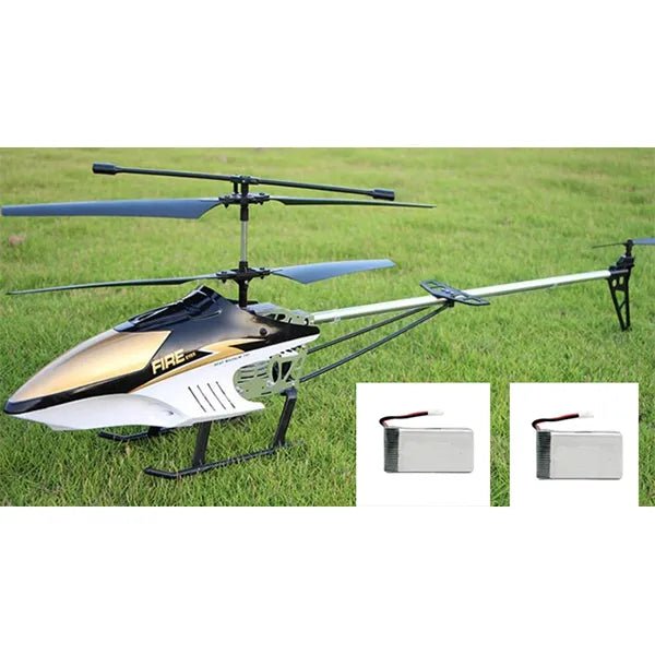 Extra Large 3.5CH RC Helicopter drone shown with included rechargeable battery packs for extended outdoor flying sessions.