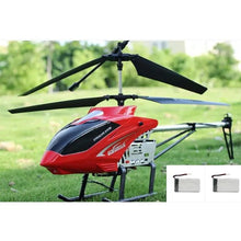 Extra Large 3.5CH RC Helicopter in red and black shown with battery pack for reliable outdoor RC flying.