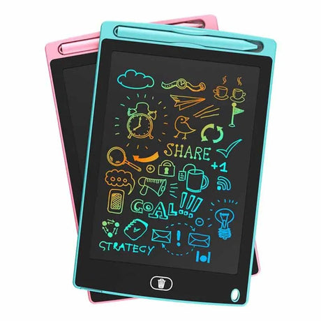 Two colorful electronic doodle boards with drawings on a white background