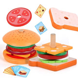 Toy hamburger set with wooden components on a white background