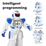 Toy robot with blue and white colors on a white background, featuring the brand 'Smart Robot'.