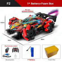 F2 RC drift car with dimensions and included accessories listed for gesture-controlled play sessions.