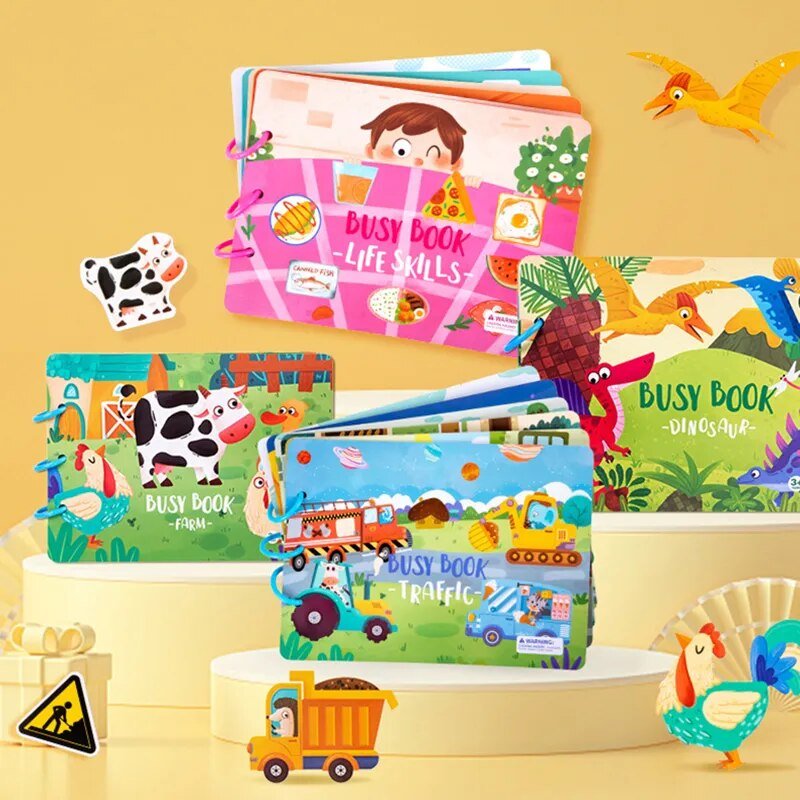 Collection of colorful children's busy books with various themes on a yellow background.