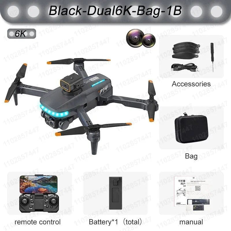 Black drone with accessories, remote control, battery, and manual on a white background