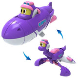 Transforming toy vehicle with purple and pink design on a white background