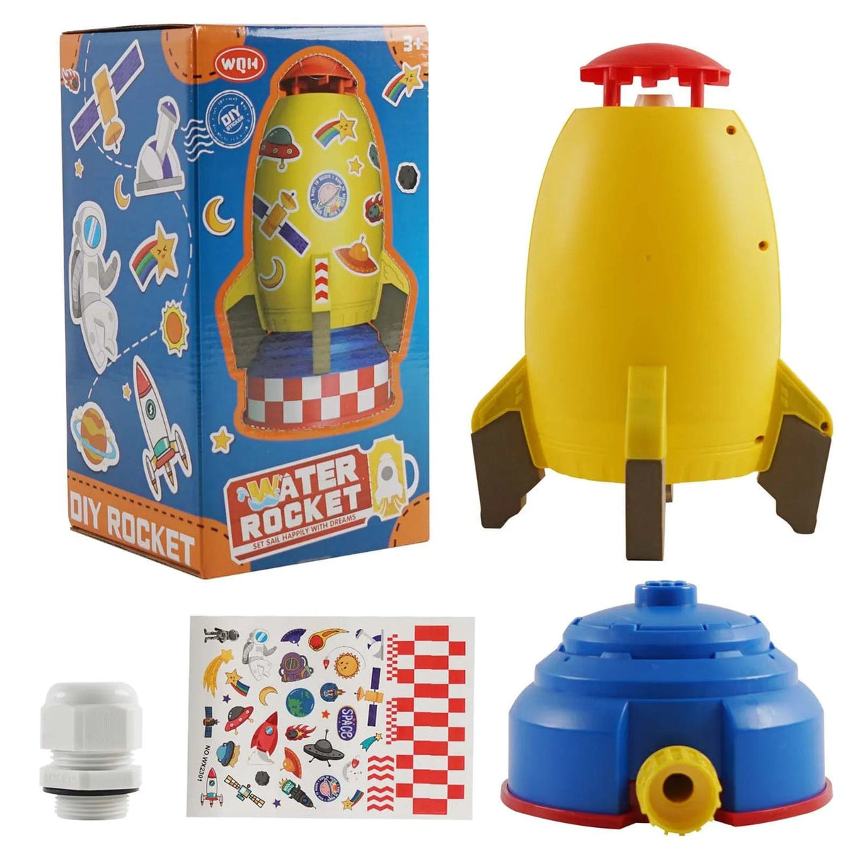 Toy water rocket with packaging, stickers, and nozzle on a white background