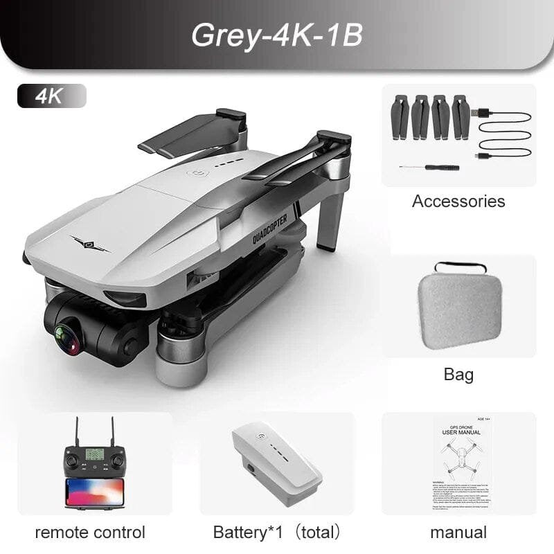 Drone with accessories including remote control, battery, and carrying bag on a white background.