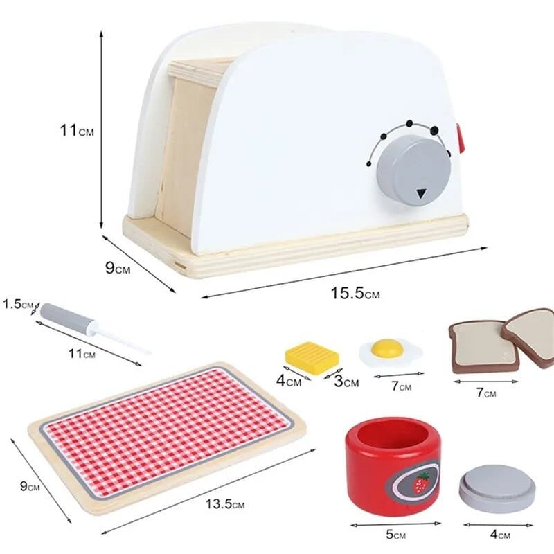 Wooden toy kitchen set with dimensions on a white background.