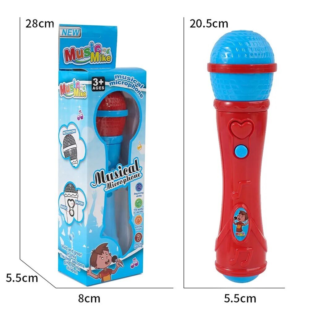 Red and blue toy microphone with packaging and measurements on a white background