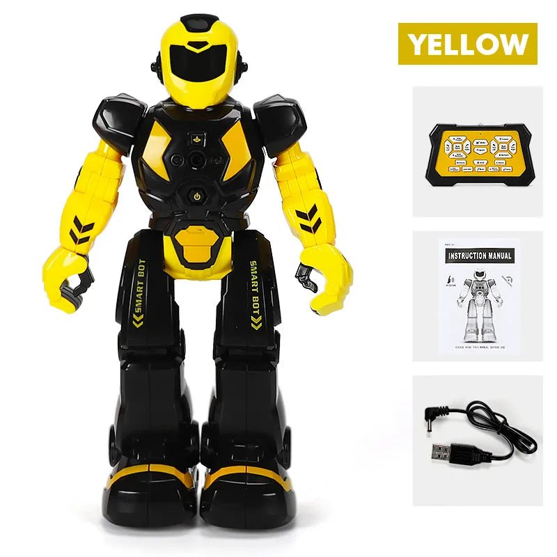 Toy robot with yellow and black color scheme, including USB cable and instruction manual on a white background.