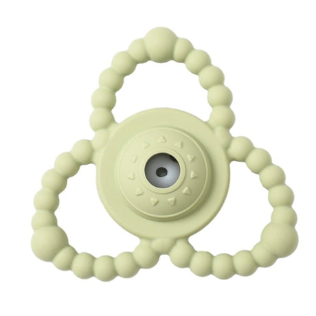 Light green teething ring with beads on a white background