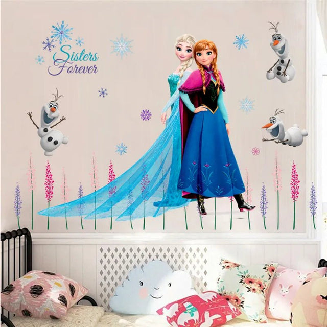 Wall decal of Elsa and Anna from Frozen with Olaf on a wall.