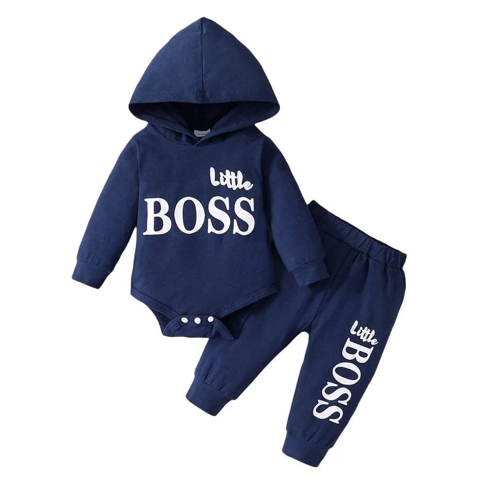 Navy blue 'little BOSS' baby outfit with hoodie and pants on a white background