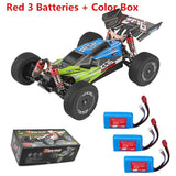RC car with batteries and packaging on a white background.