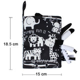 Black soft book with animal illustrations and dimensions on a white background