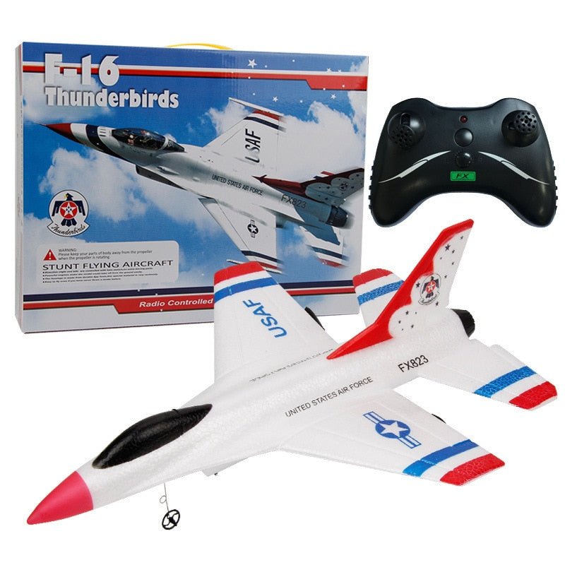 Radio-controlled F-16 Thunderbirds stunt flying aircraft with packaging and remote control on a white background