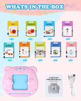 Educational device packaging with cards and accessories on a pink background