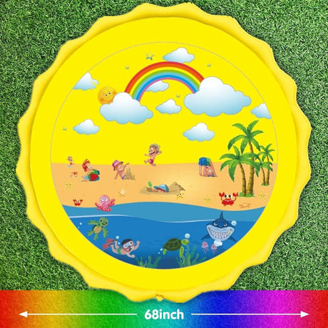 Children's inflatable pool with beach and ocean design on a grass background
