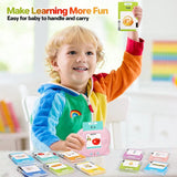 Child holding a educational card with colorful cards on a table, text 'Make Learning More Fun'.