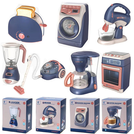 Collection of toy kitchen appliances and their packaging on a white background