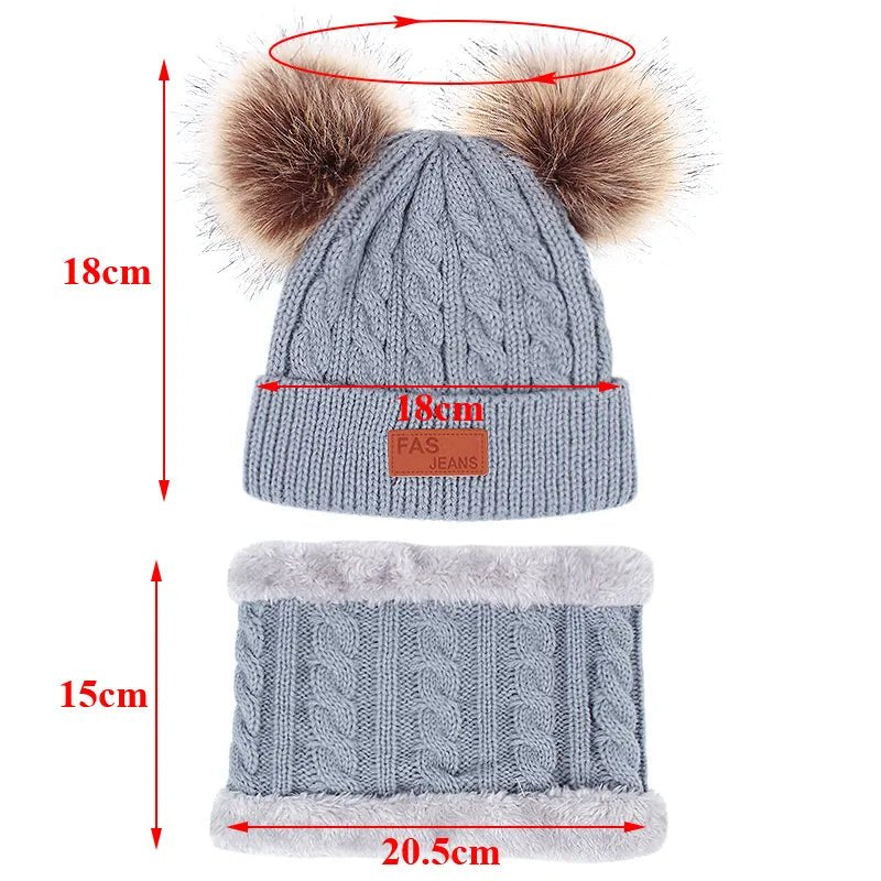 Gray knitted hat with pom-poms and matching scarf with measurements on a white background