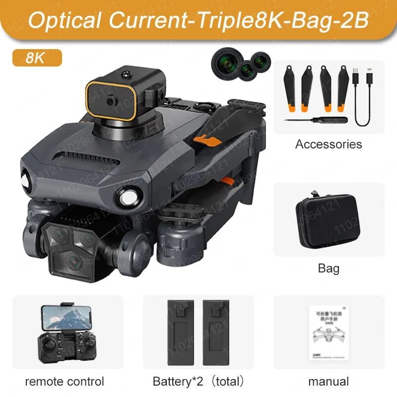 Camera equipment with accessories, remote control, batteries, and manual on a white background