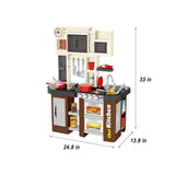 Toy kitchen set with dimensions labeled on a white background